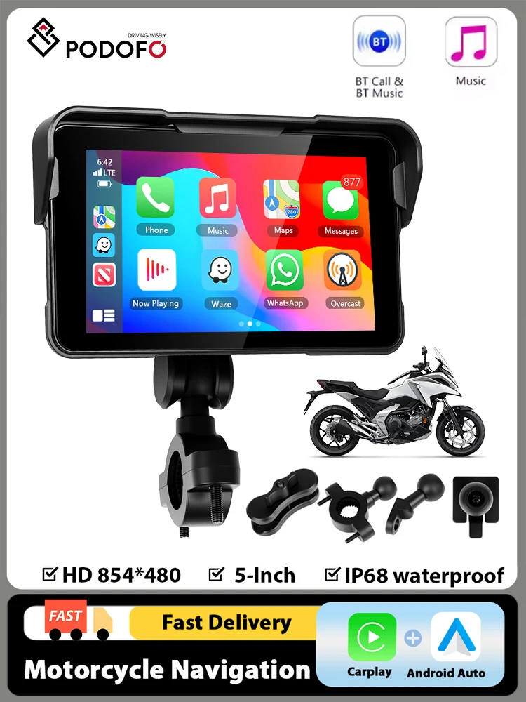 Podofo Kabelloser Carplay Android Auto Motorrad Smart Screen Player 5 Zoll HD Großbildschirm Tragbarer Display-Player IP68 Wasserdicht
