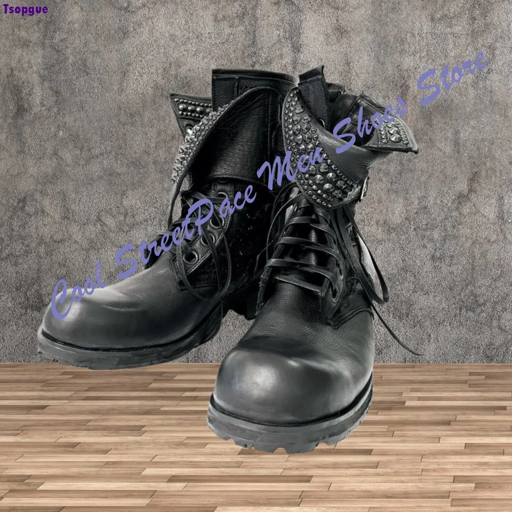 Men Gothic Rivet Mid Calf Leather Boots Punk Tassel Decor Distressed Back Strappy Fashion Men Riding Boots 2026 New Men Shoes