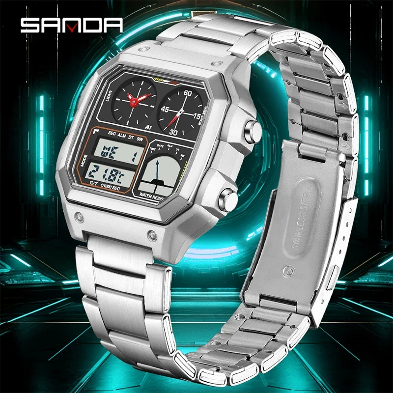 SANDA ساعة إلكترونية فاخرة للرجال موضة رياضية متعددة الوظائف لقياس درجة الحرارة مقاومة للماء LED ساعة يد كوارتز للطلاب