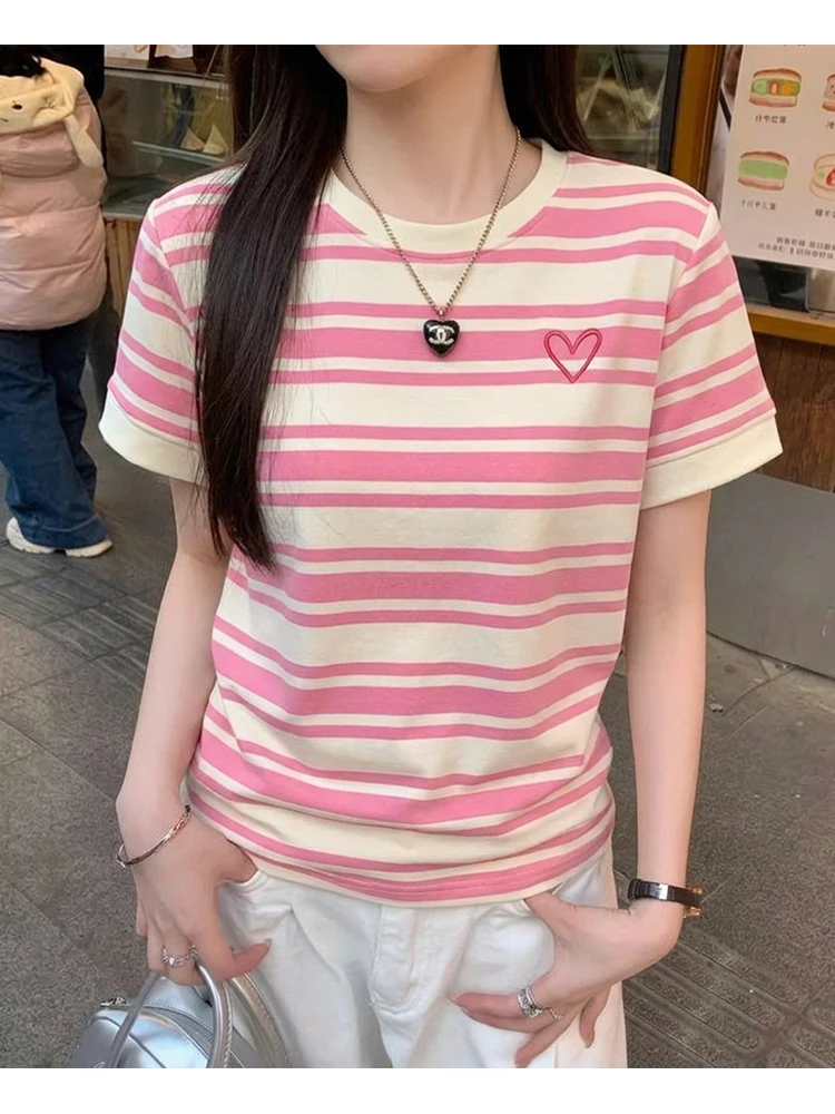 Korean Style Striped Embroidered Short Sleeve round Neck T-Shirt Body Shape Highlighting Casual Cotton Summer Top for Women