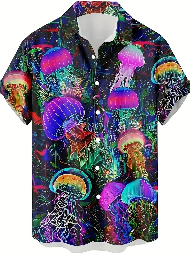 Men's Casual Hawaiian Shirt Vibrant Geometric Jellyfish & Coral Reef Design Button Vacation Surfing Shirts Men's Beach Shirt view 3