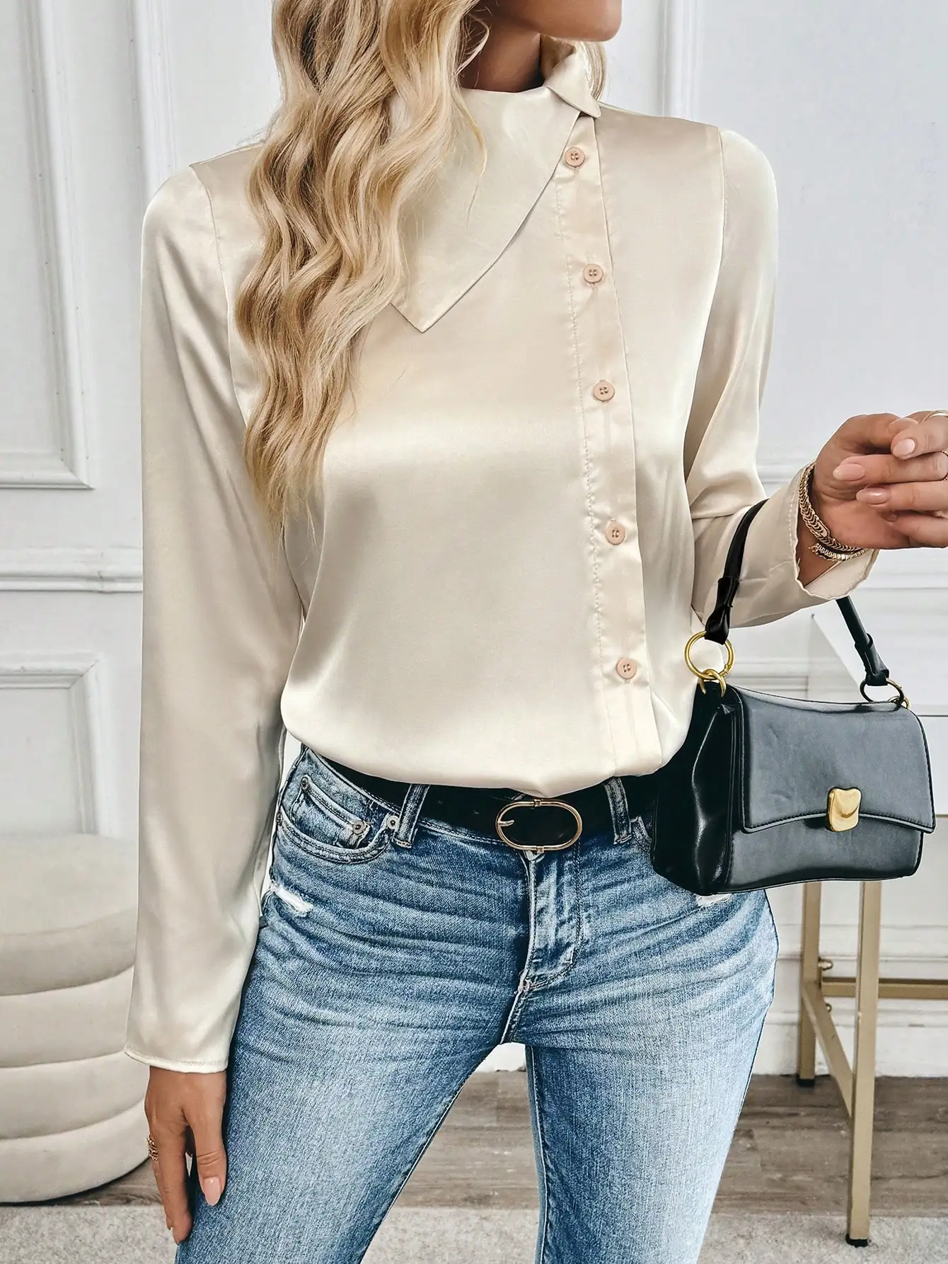

Elegant commuter asymmetrical profiled lapel asymmetrical front door cylinder long sleeve H type fall/winter shirt for women