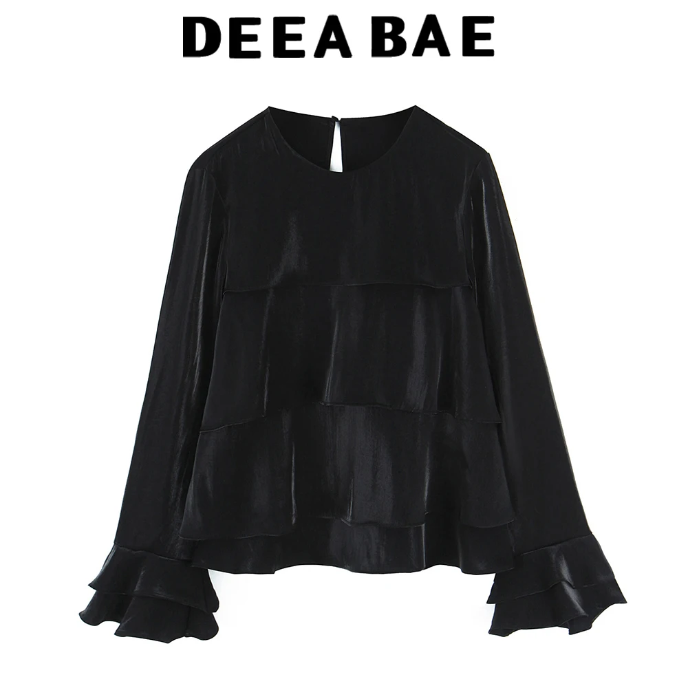 DEEABAE 2025 Winter New Product Women's Round Neck Long Sleeve Bright Fabric Stacked Decoration Back Split Shirt