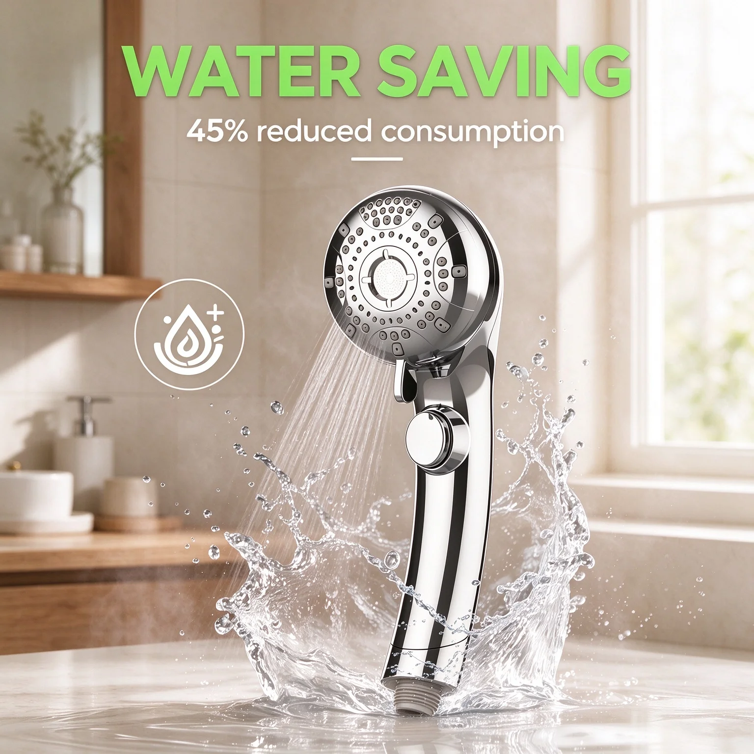 Nano Skin Care Hand Shower Head 6 Modes High Pressure Water Saving Mist Soft Stream Stop Switch with 1.5M Hose and Bracket