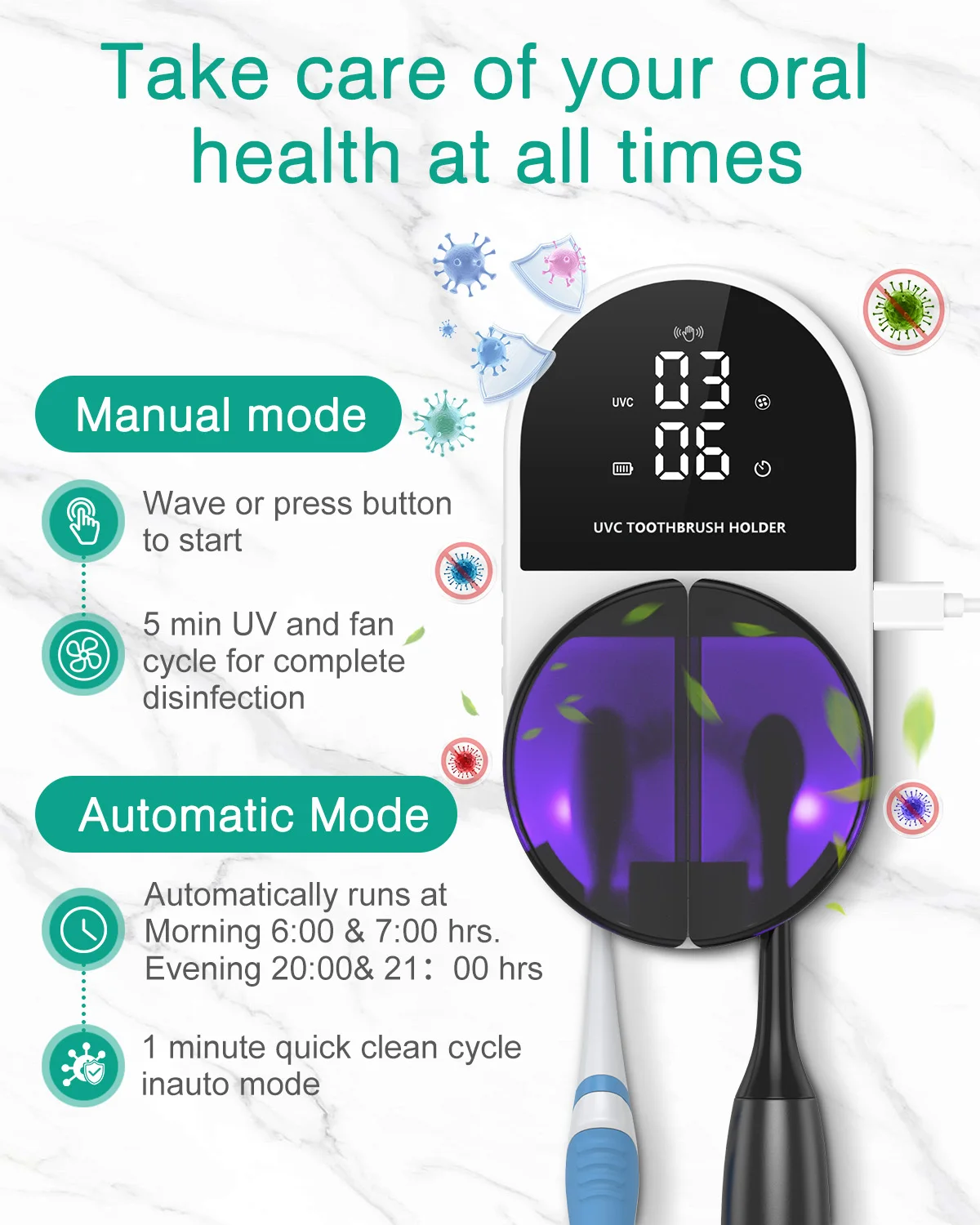 Esterilizador UV-C Doble para Cepillos de Dientes con Reloj LED - imagen 3
