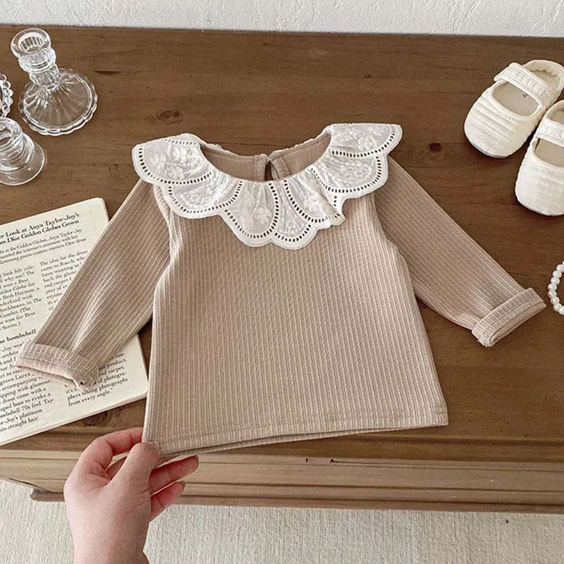 Autumn Baby Long Sleeves Top Girls Lace Collar T Shirt Kids Pullover Spring Infant Clothing Toddler Blouse Baby Clothes 0-2Y