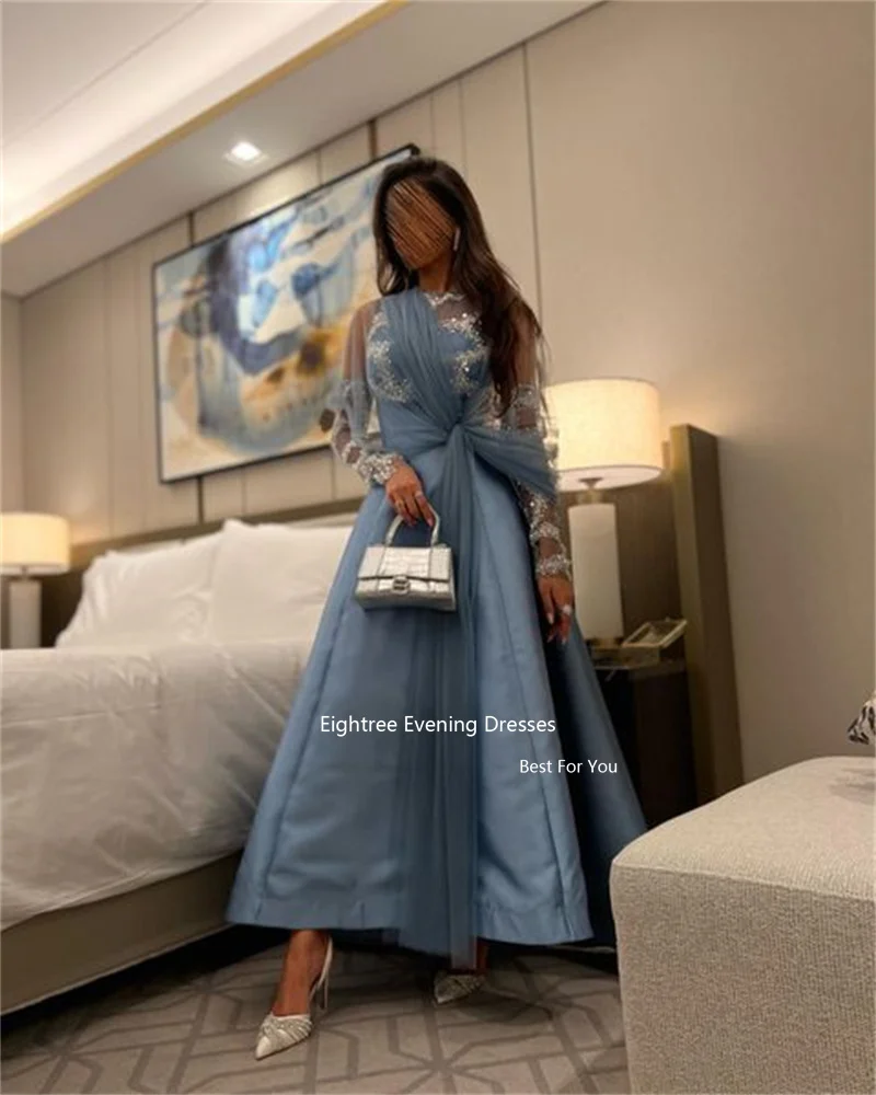 Eightree Graceful Evening Dress Stain Appliques Glitter O Neck Long A Line Abendkleider Dubai Robe De Soirée Party Dresses 2023