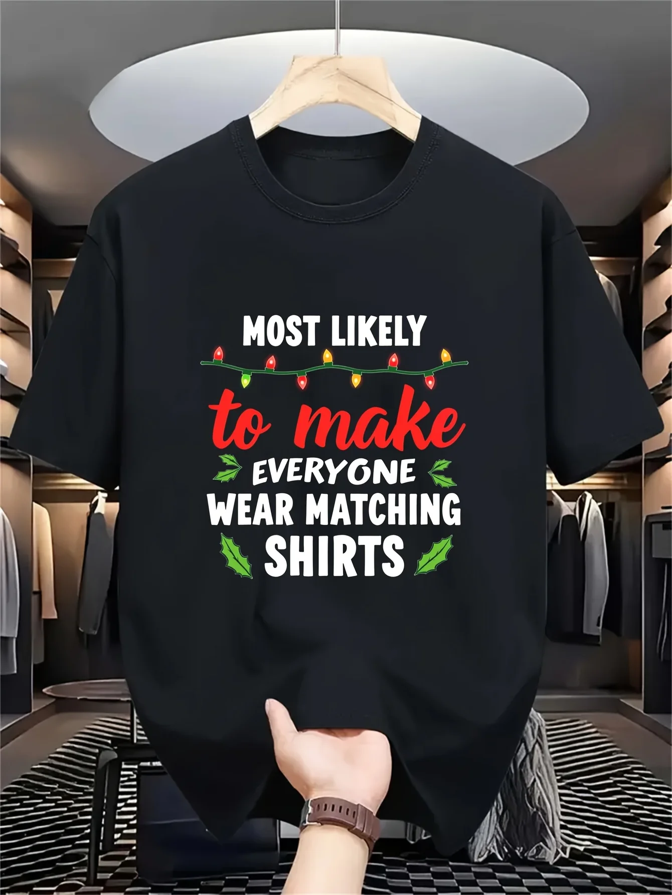 Men's Funny Christmas T-Shirt - "Most Likely to Wear the Same Shirt" Party T-Shirt - Bold Red Text Holiday C