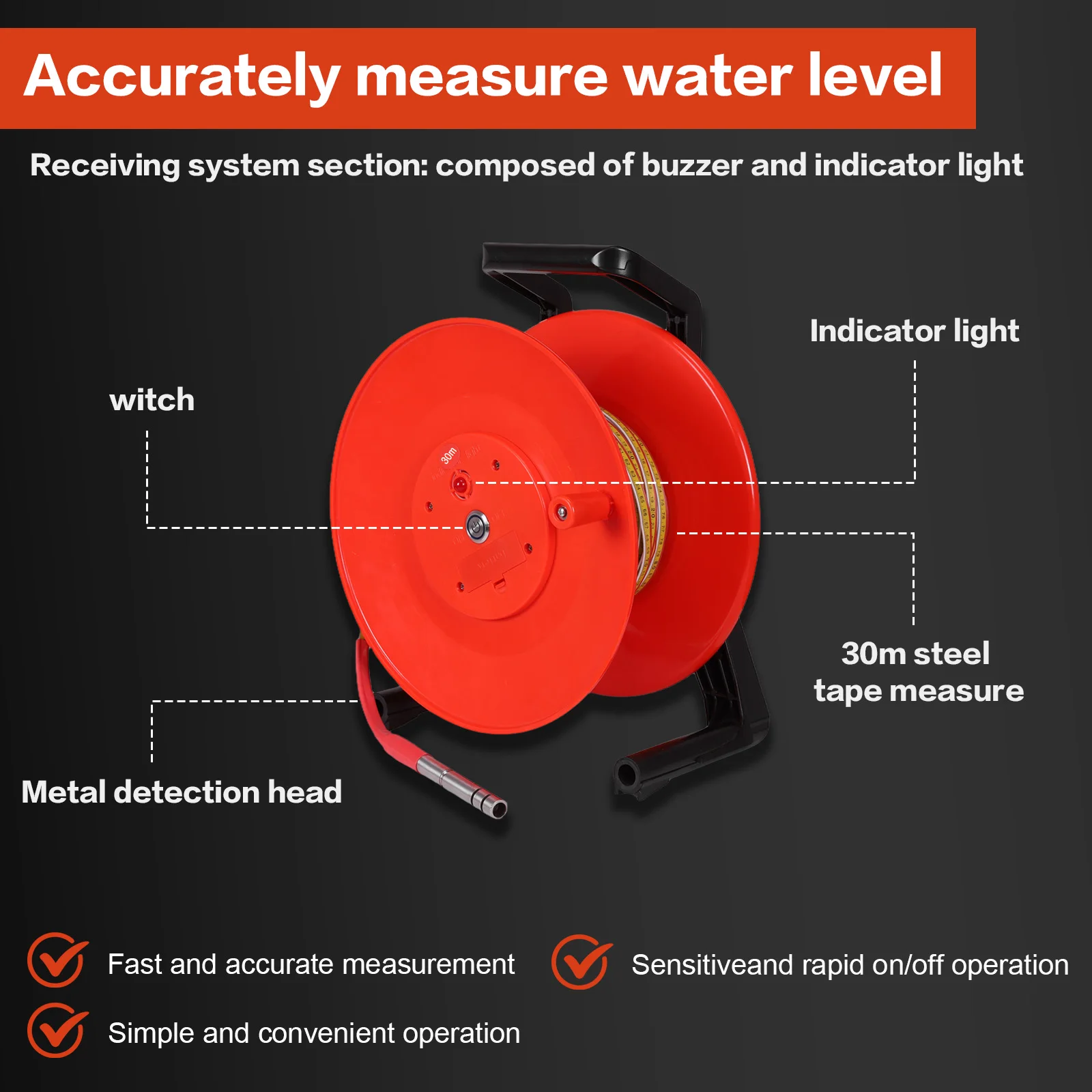 

Измеритель уровня воды в глубоких скважинах (до 30 м) с фиксированным зондом и стальной лентой, датчик глубины грунтовых вод