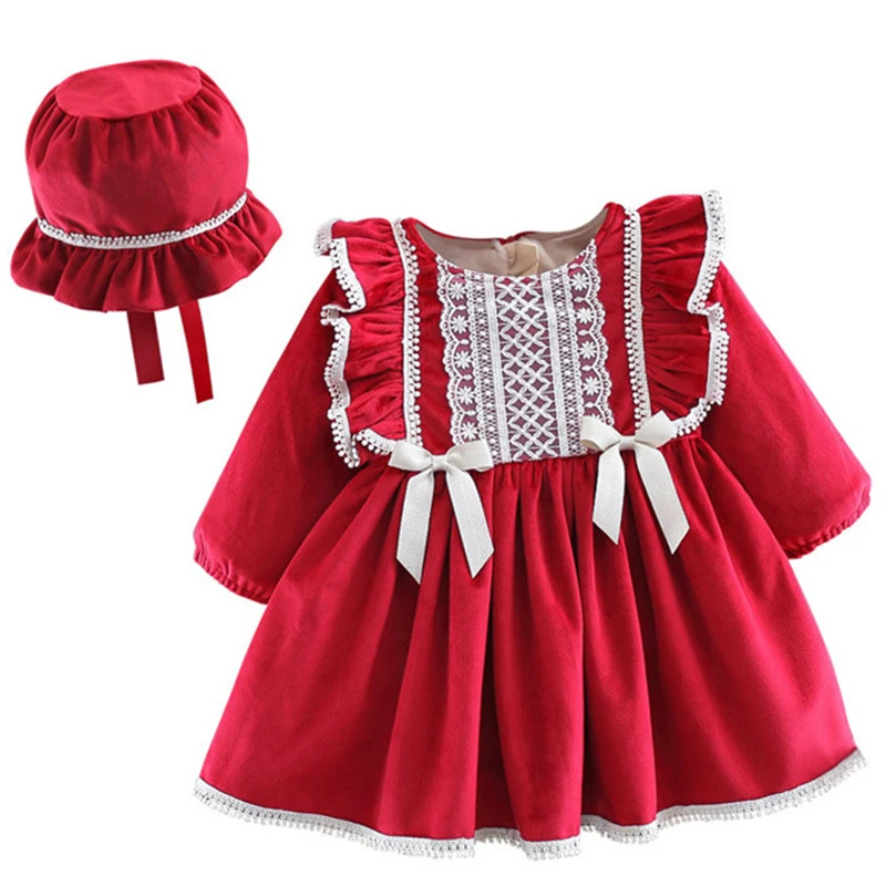 2Piece Autumn Winter Newborn Girls Clothes Cute Bow Warm Thick Fleece Princess Luxury Birthday Dress+Hat Baby Dresses BC1516-1