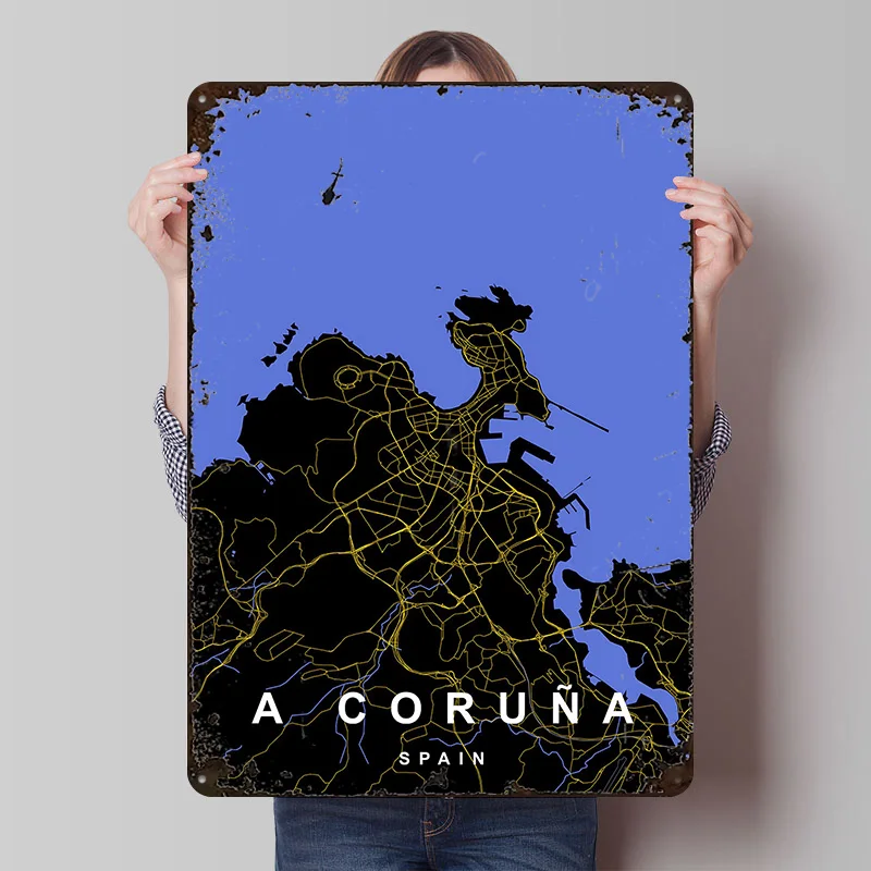A Coruña Mapa de la ciudad, cartel personalizado, letreros de metal vintage, arte de pared, placa de hojalata retro para decoración del hogar, accesorios para sala de estar y bar