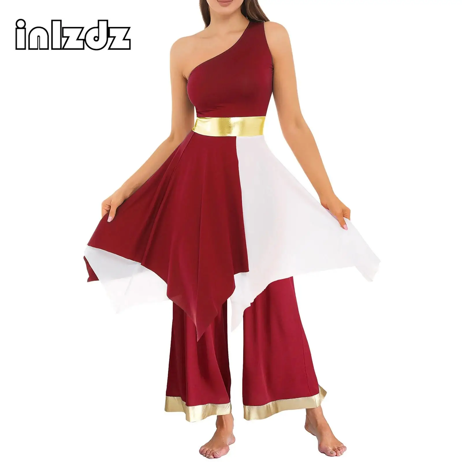 

Womens Lyrical Dance Outfit One Sleeveless Shoulder Contrast Color Irregular Hem Dress And Wide Leg Pants Worship Dance Costume