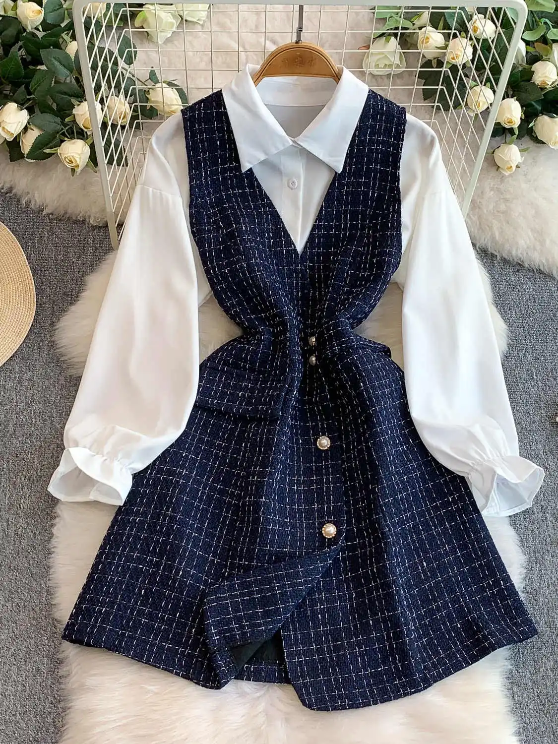 

Women's Dress Sets Vintage Vintage Y2k Long Sleeve Polo-Neck Shirt Blouse Two Piece Suit Dress Outfit 2000s Clothes Autumn 2025