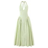YENKYE Sexy Backless Green Elegant Halter Dress For Women Low Waist A-line Midi Summer Evening Party Dresses Cotton Robe - Image 2