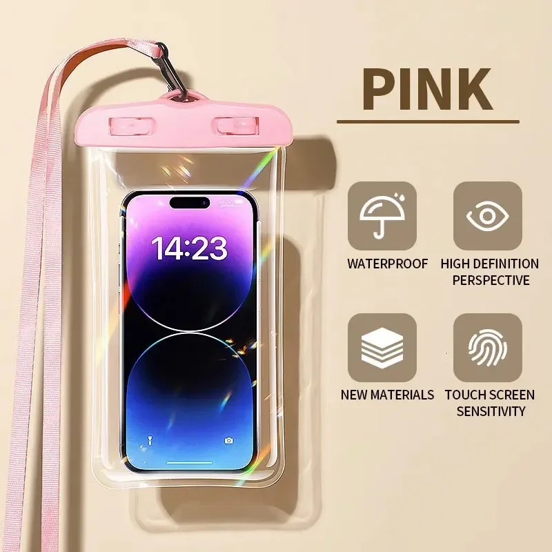 Pink Clear Touch Screen Waterproof Phone Pouch with Lanyard, Universal Floating Dry Bag Cell Phone Water Proof Case for Beach Swimming Pool Fishing Travel Water Sports