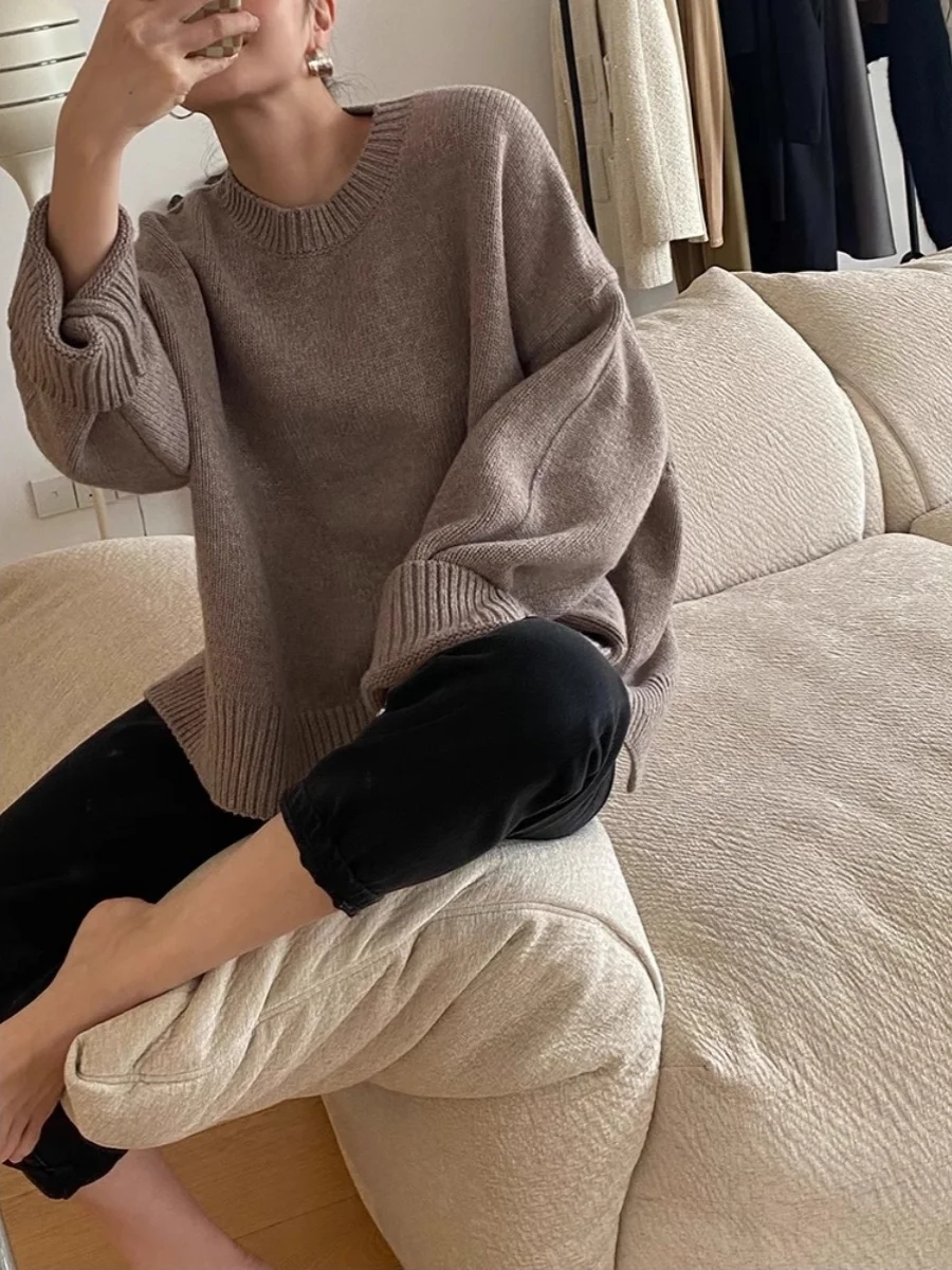 

Женский вязаный свитер большого размера, осень-зима, новый пуловер Sle Crew Ne, дизайн с грубой иглой, модный трикотаж, топ