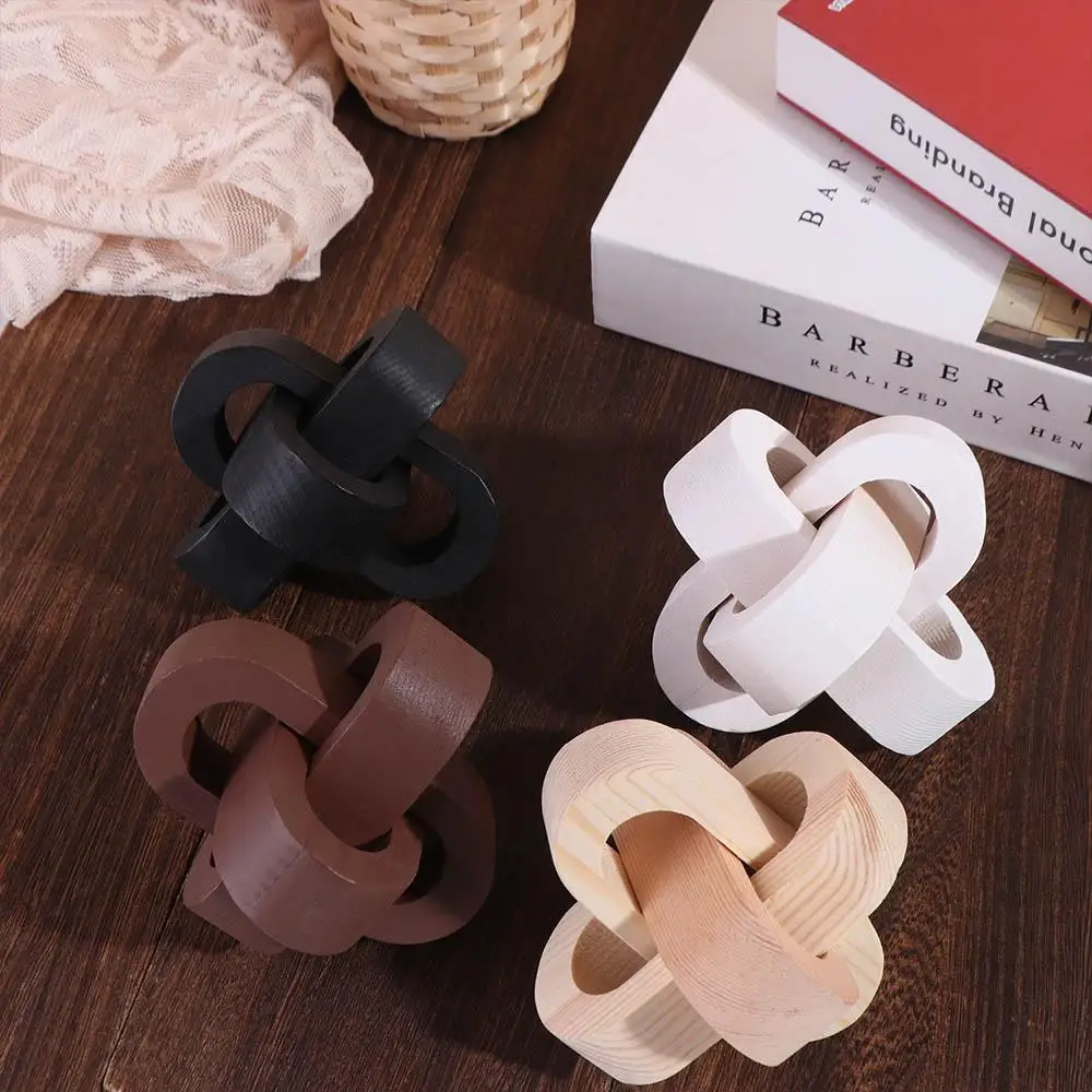 Boho Style Art Craft Wood Knot Ornament Hand-carved 3-Link Chain Wooden Buckle Handmade Wooden Chain Ball Table