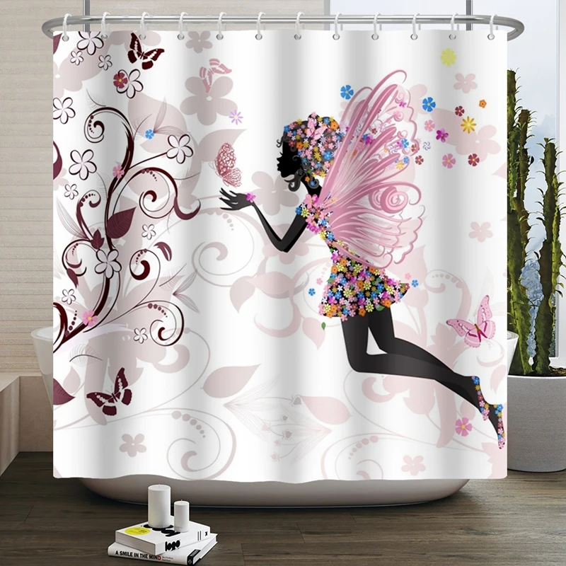 Elegant Flowers Butterfly Shower Curtain Morden Art Floral Girl Waterproof Fabric Bathroom Curtain Room Decor Curtain With Hooks