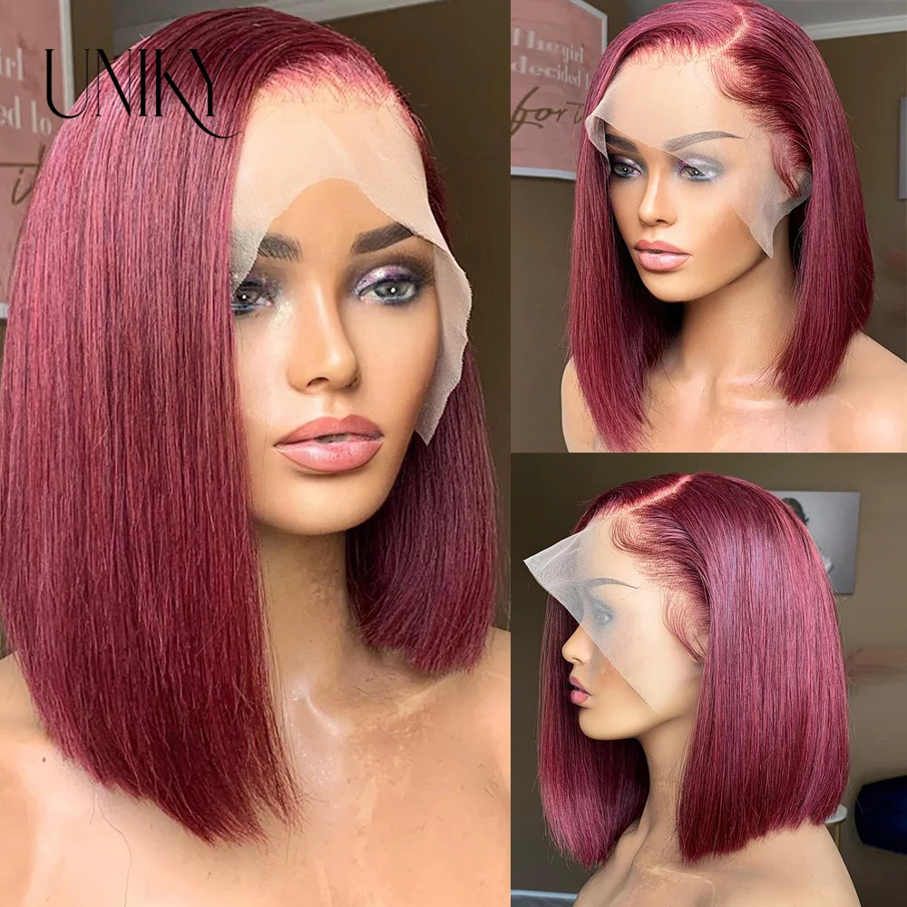 Peluca Bob recta de hueso corto, cabello humano peruano de color 99J, parte lateral, encaje Frontal Natural, negro 1B, encaje transparente