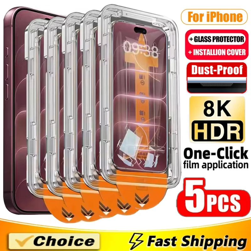 5Pcs 5Pcs Dust Free Easy Installation Screen Protector For iPhone 17 15 14 13 12 11 16 18 Pro Max XR X XS 16 Plus HD Tempered Glass - Aliexpress Deal