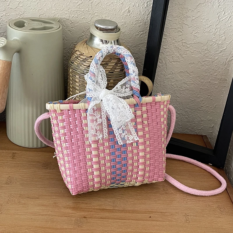 

French Chic Contrast Color Woven Bags for Women Summer Retro Lace Bow Beach Vacation Handbags New Fashion Drawstring Tote Pack