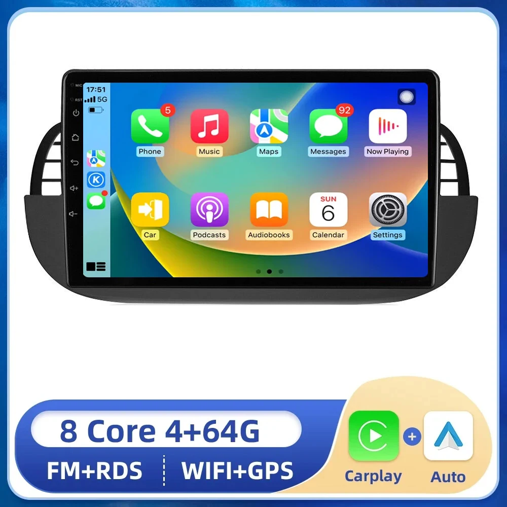 

9INCH 8G+256GB 2Din Android 13 Car Multimedia Player FOR FIAT 500 2007-2015 Navigation GPS Carplay Auto Radio SWC RDS DSP Stereo