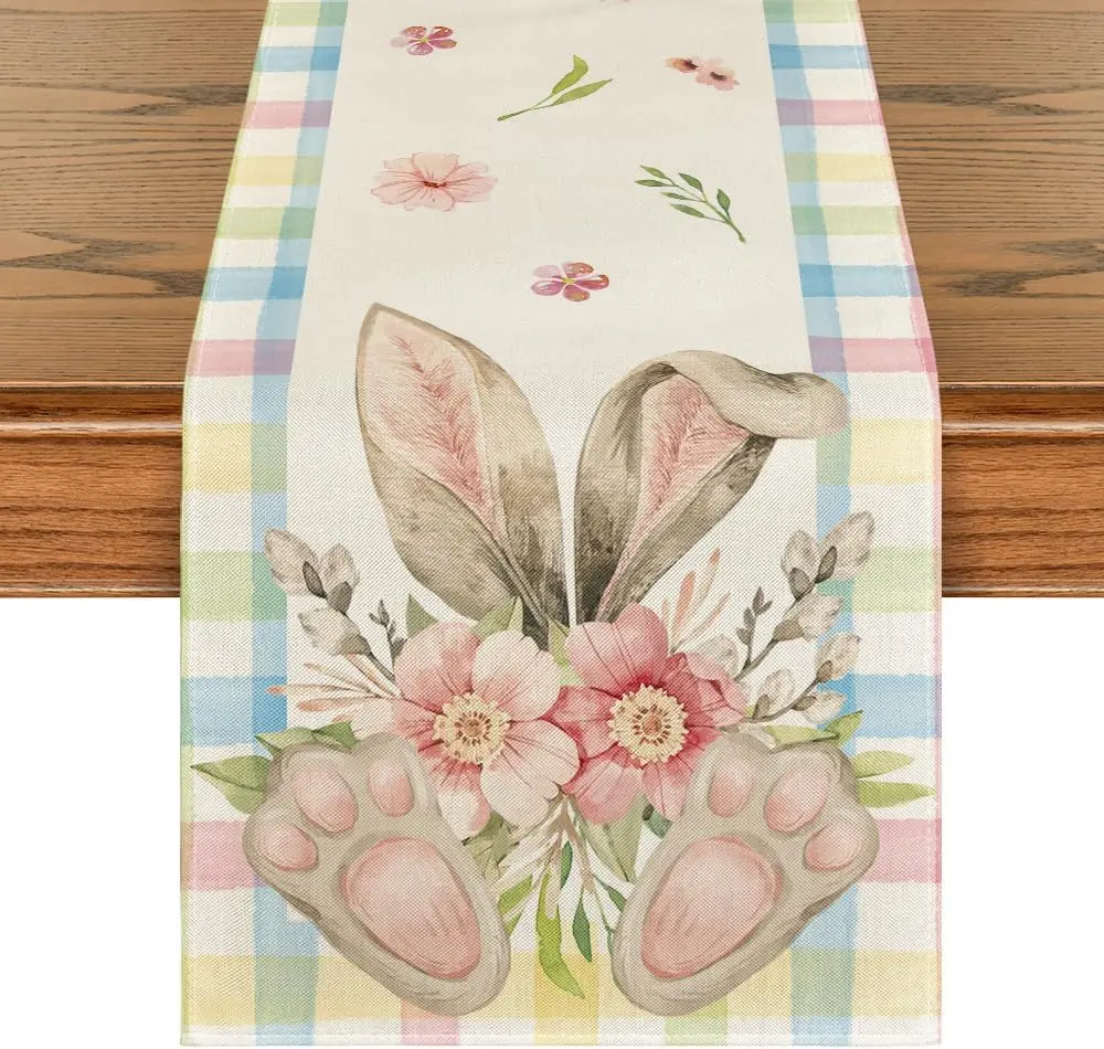 Easter Bunny Ear Foot Flower Linen Table Runner Party Decor Spring Farmhouse Kitchen Dining Table Runner Easter Decorations