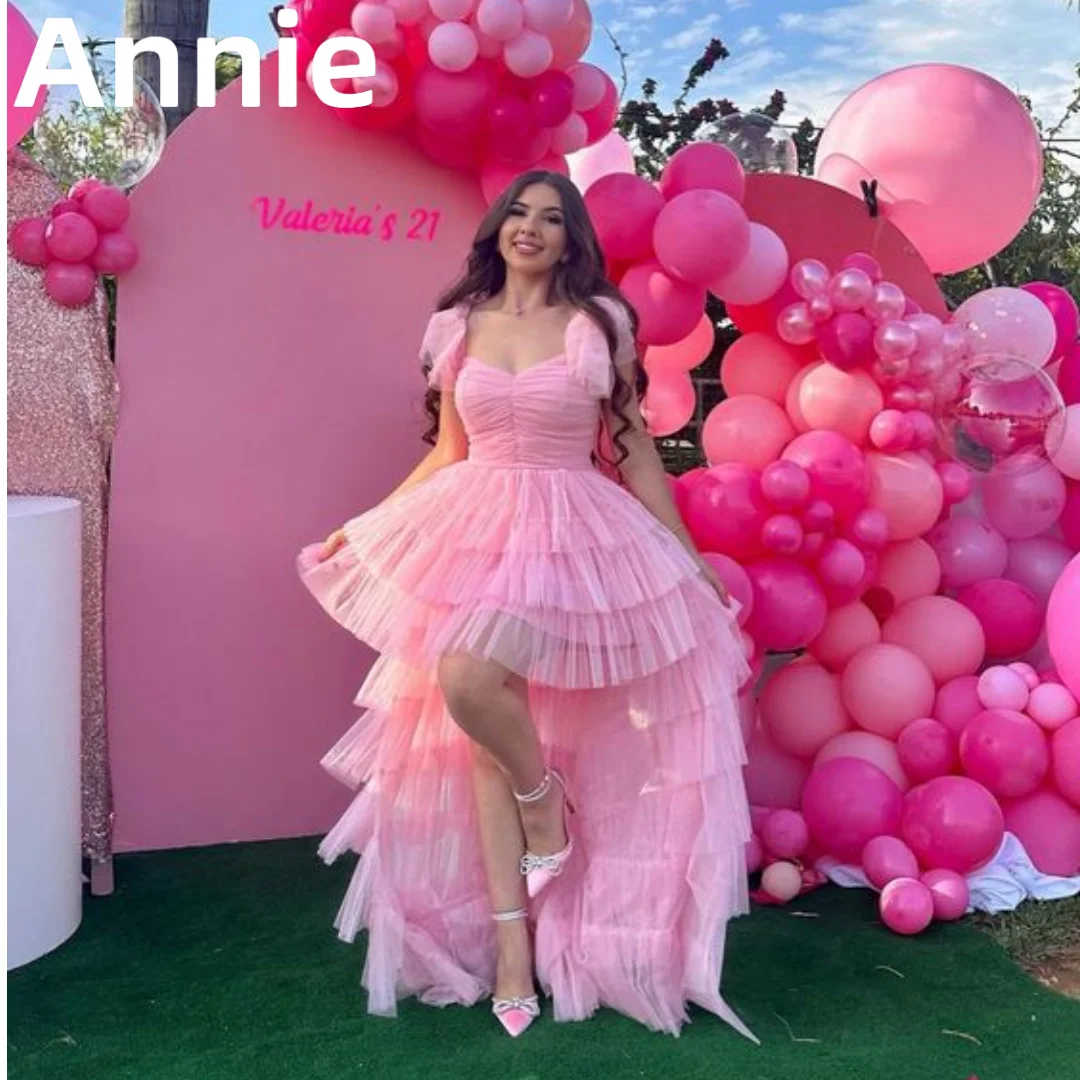 Annie Lieverd Hoge En Lage Galajurk Vestidos De Noche Roze Tule Meerlaagse Avondjurk Korset Feestjurk