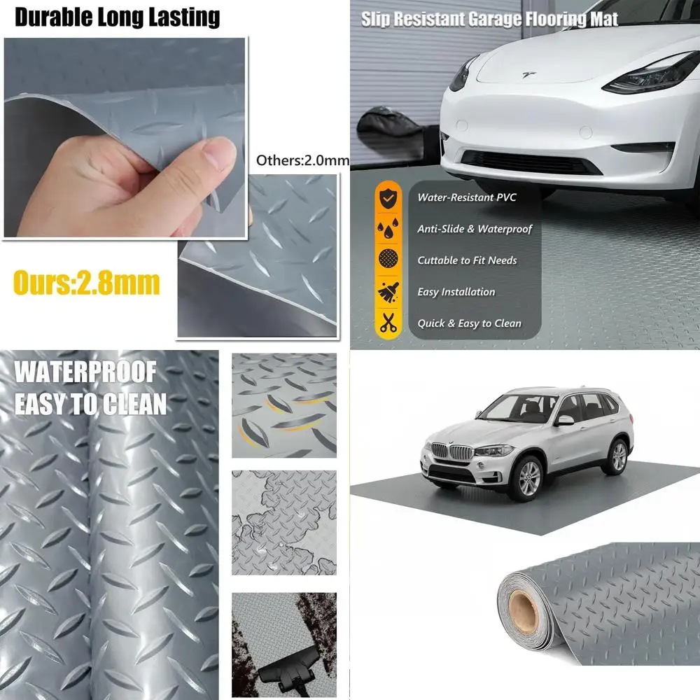 

Thick PVC Garage Floor Mat - Heavy-Duty Waterproof Non-Slip Protector for Cars, Trailers, SUVs, Basements, Gyms (Gray) 1ft x 27f