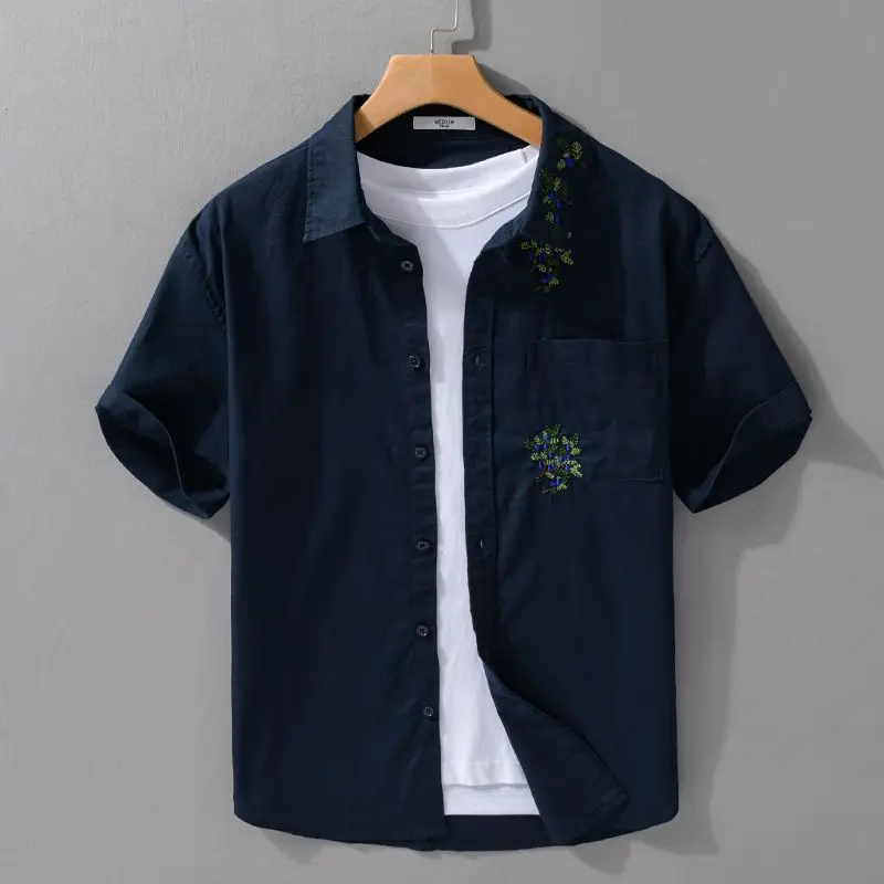 2025 Personality Trendy Brand Shirt Short-sleeved Men's Fashionable Embroidered Summer Tops Niche and Handsome and Versatile