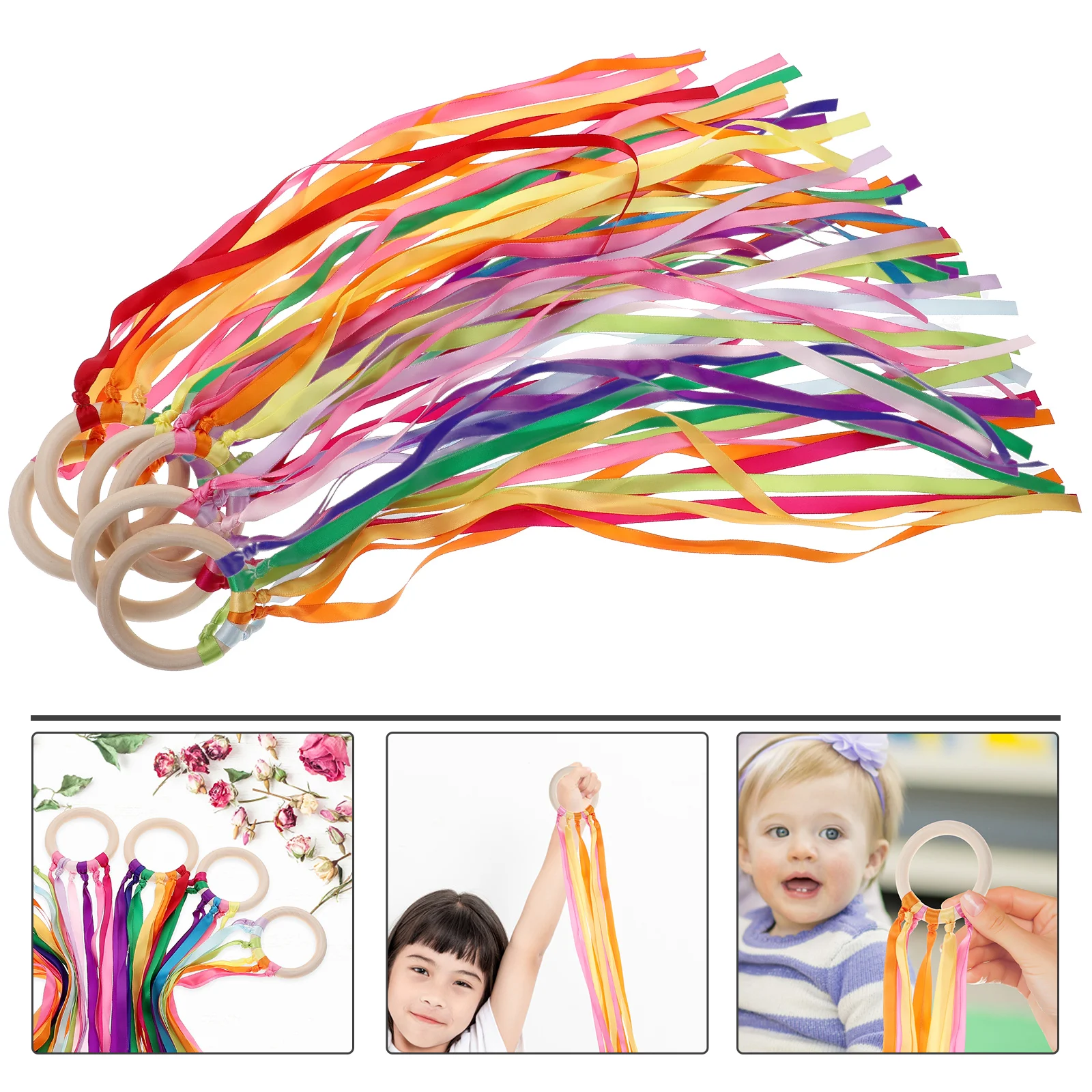 6 Pcs Children's Toys Shuttle Wood Circle Ribbon Outdoor Chasing Rope Hand Wand Runner Wrist Ribbons