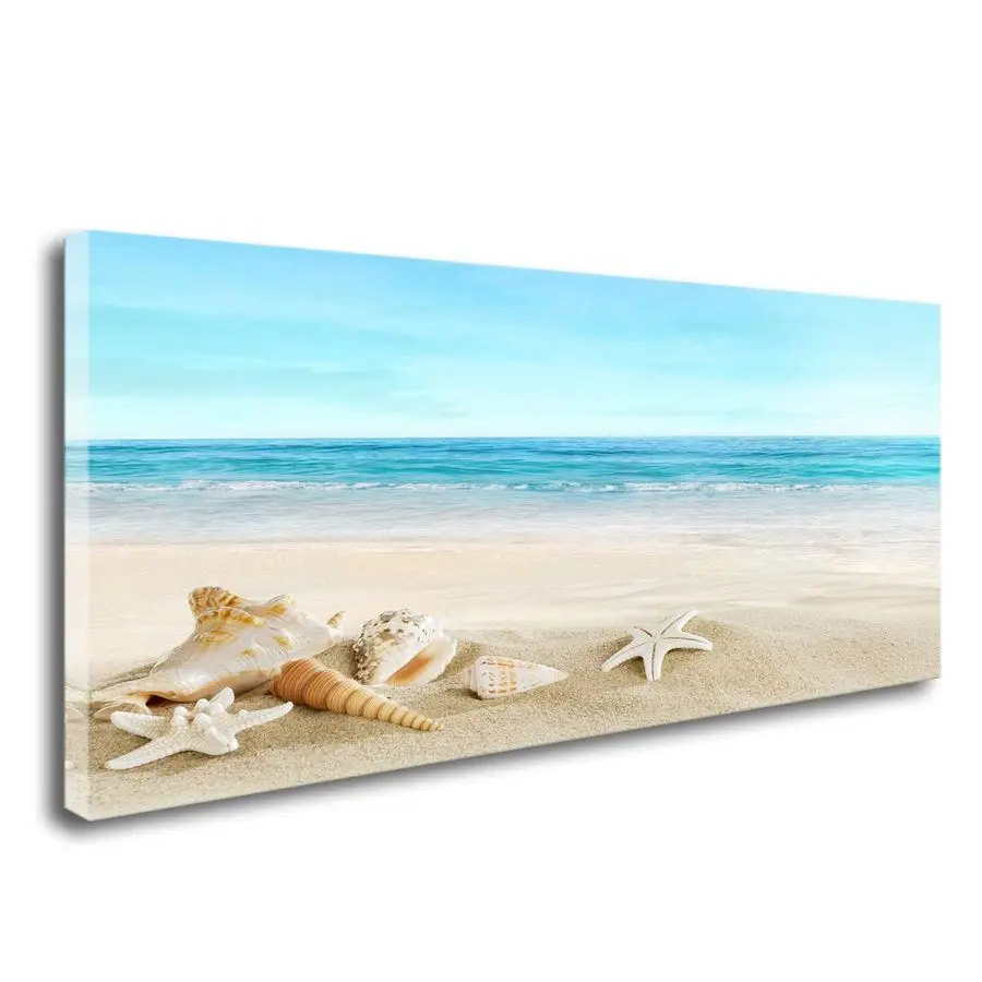 

Art S73950 Beach Picture Decor Ocean Painting Canvas Wall Art Prints of Starfish and Seashell on Sandy Seaside Ready to Hang for