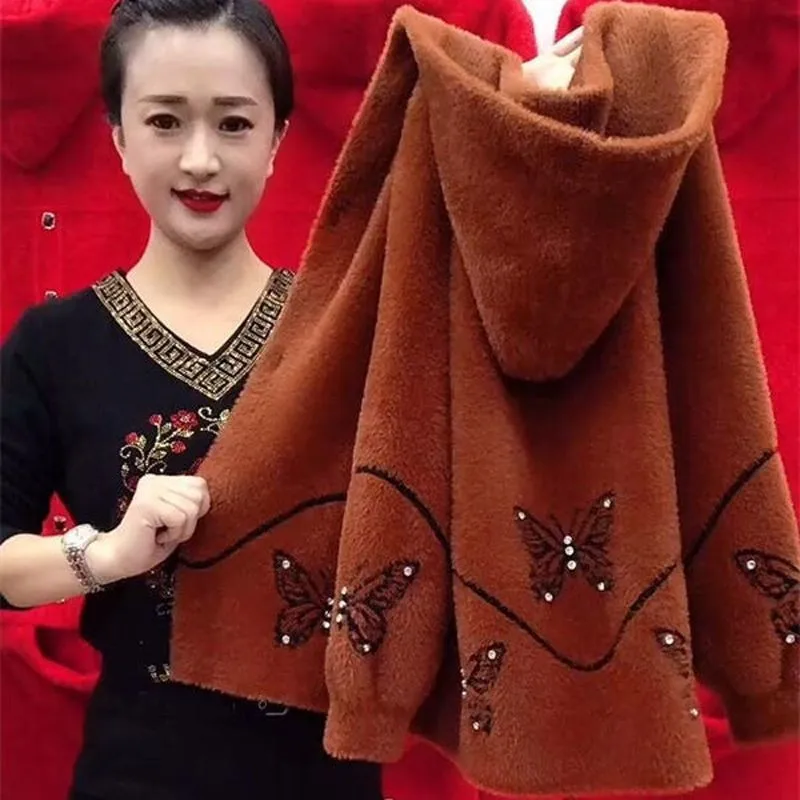 

NEW Middle Aged Elderly Mother Imitation Mink Velvet Coat Autumn Winter Thicken Hooded Cardigan Sweater Women Knitted Jacket 4XL