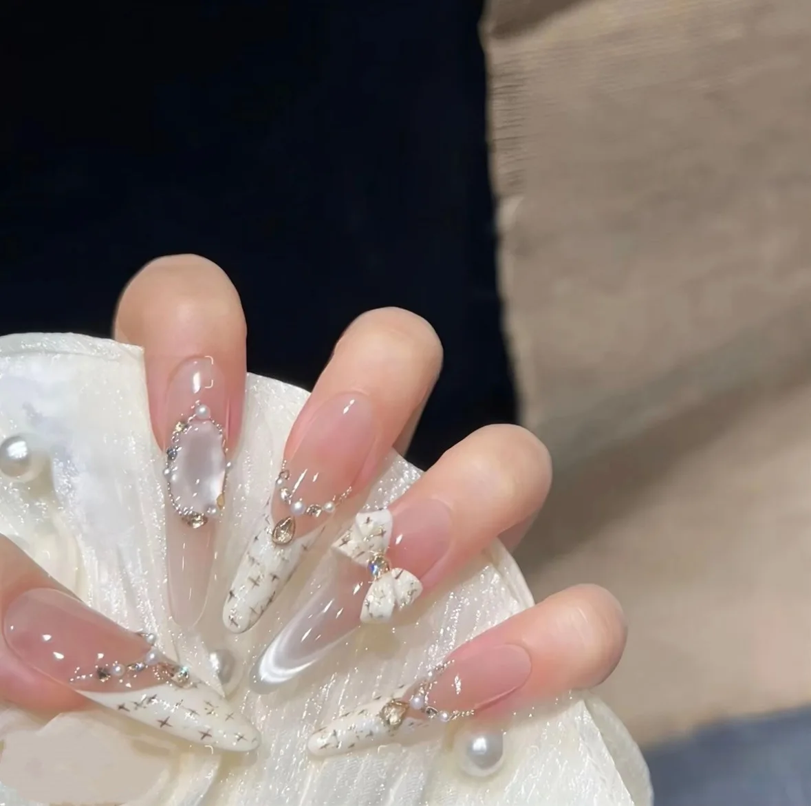 10 pçs artesanal imprensa em unhas médio oval arco de gato francês cobertura completa dicas de unhas para mulher & menina destacável wearable unhas falsas