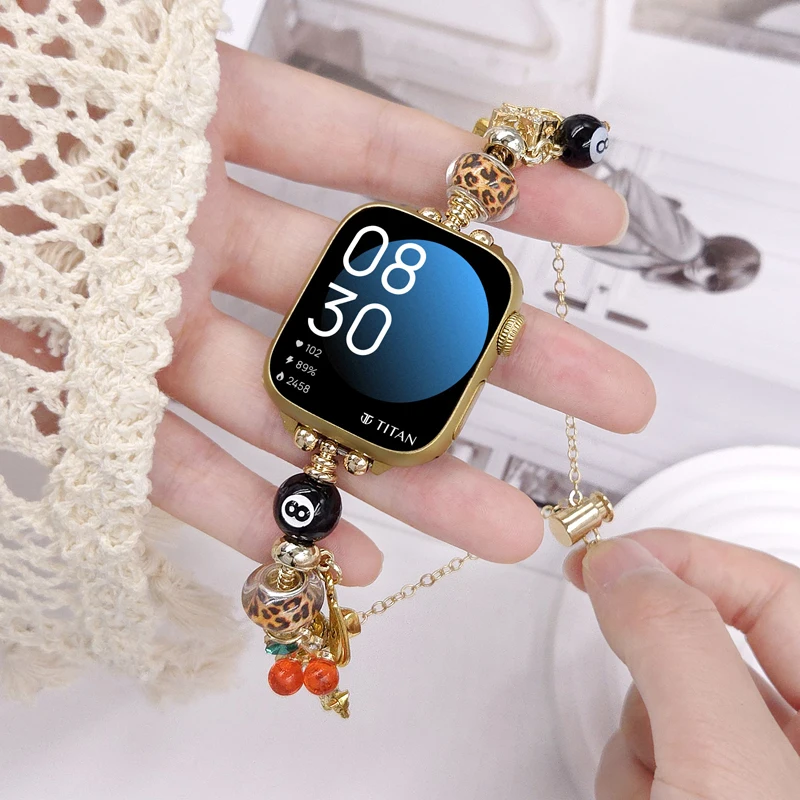 Women Leopard Print Beaded Metal Chain Strap for Apple Watch S11 10 9 8 7 DIY Pendant for IWatch Bracelet 38 40 41 42 44 45 49mm
