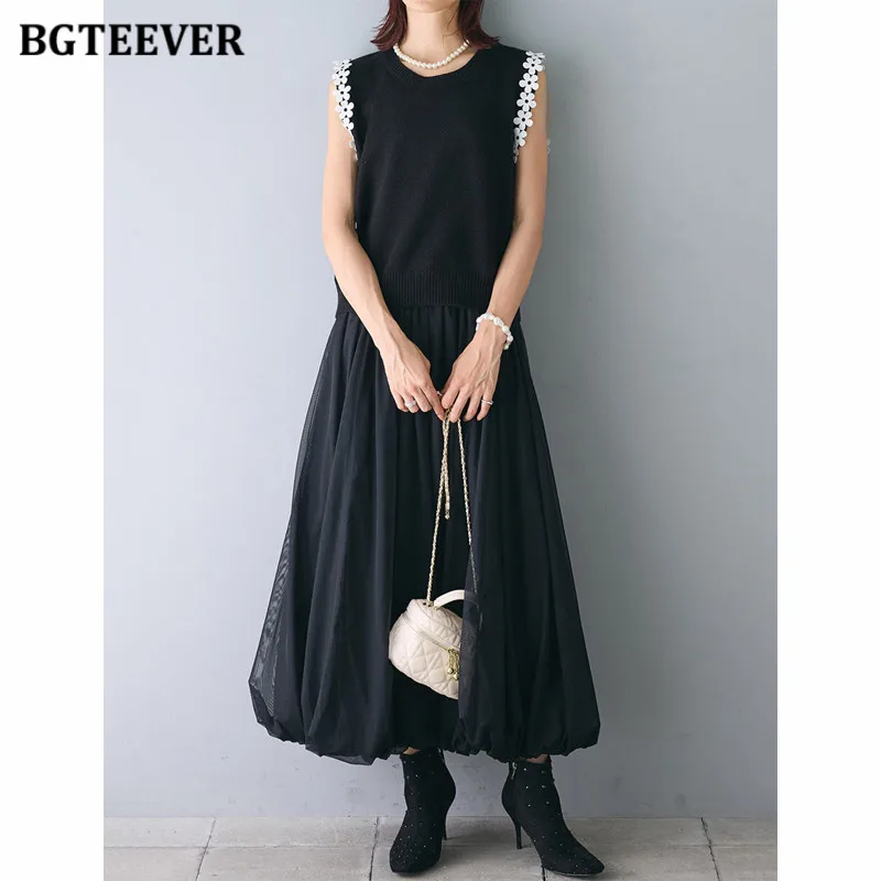 BGTEEVER Lente Zomer Losse Elegante Dames Patchwork Gebreide Tank Tops Mode O-hals Dames Mouwloze Vesten