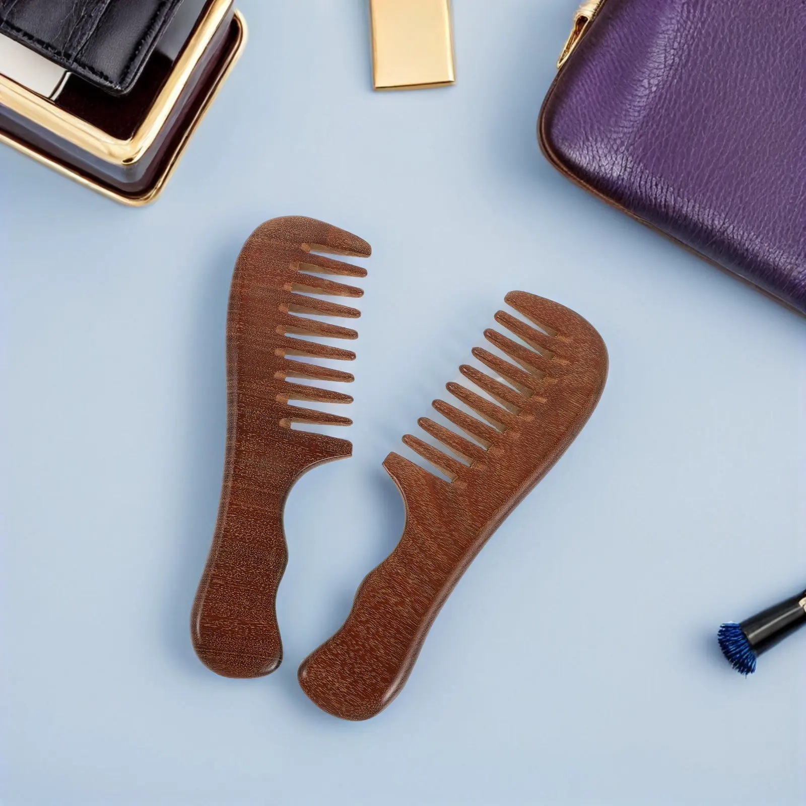 2Pcs Wooden Wide Tooth Comb Natural Rosewood Curved Design for Detangling Curly Hair Scalp Massage Styling and Daily Use