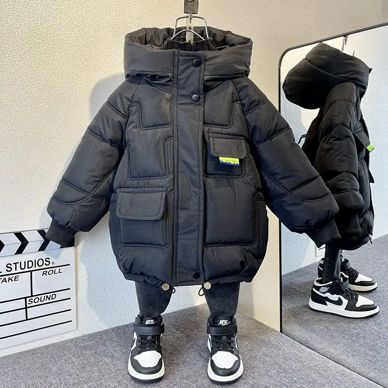 

New Children's Down Coat Winter Boys Solid Cotton-padded Parka Coats Keep Warm Mid-length Jackets Toddler Kids Outerwear V91