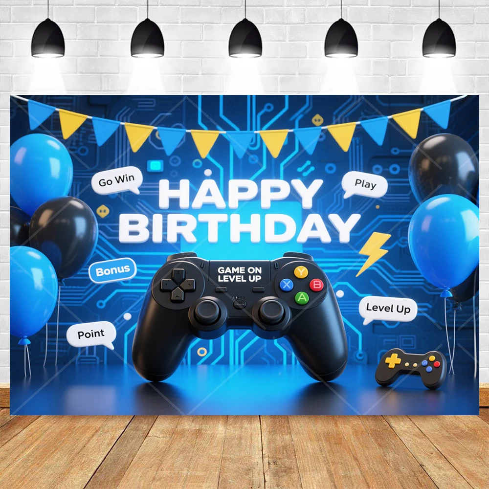 Game On Level Up Video Game Arcade Controller Backdrop Custom Name Photo Booth for Boy Teenager Birthday Party Retro Pixel Decor
