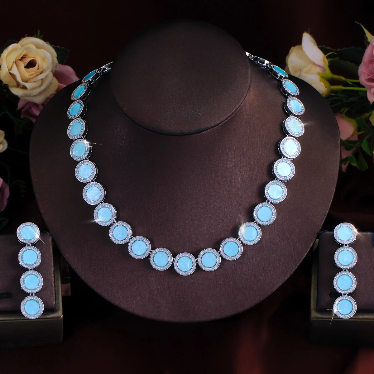 

CWWZircons Luxury Light Blue Enamel&Full CZ Round Chain Choker Necklace Earrings Bridal Wedding Jewelry Sets for Women T1040