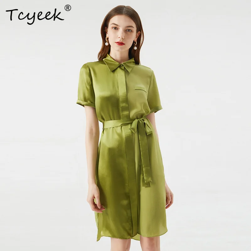 Tcyeek puro 100% seda elegante vestidos de cetim cor sólida manga curta rendas vestido de festa casual para mulheres senhora do escritório d3n229qm