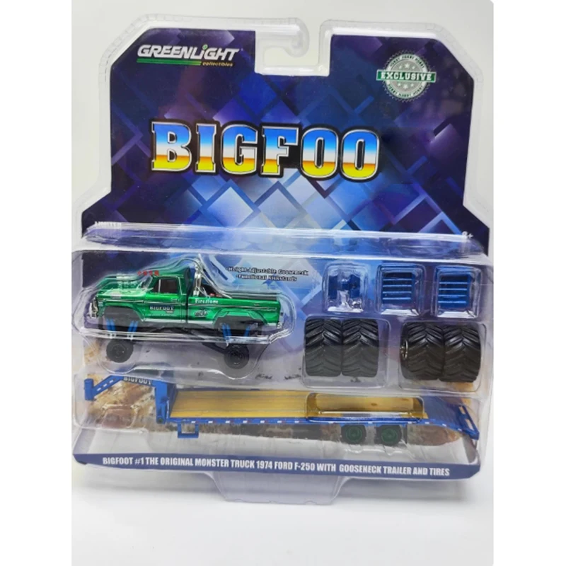 

GreenLight 1:64 Scale 1974 Ford F-250 With Gooseneck Trailer Green machine Alloy Car Model Classic Collection Display Toys