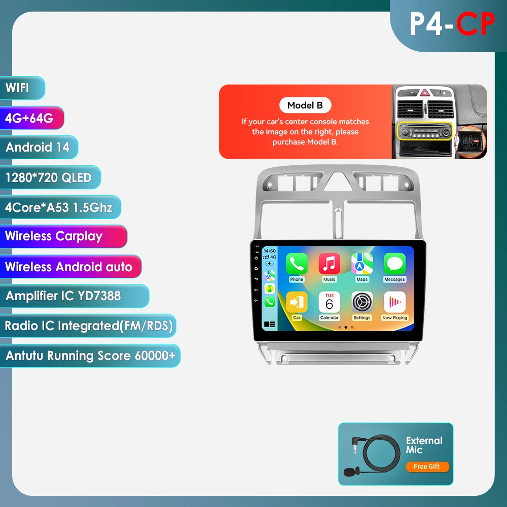 8GB 128GB Android 14 autoradio voor Peugeot 307 307CC 307SW 2002-2013 Intelligente Carplay auto multimediaspeler GPS 4G 7862