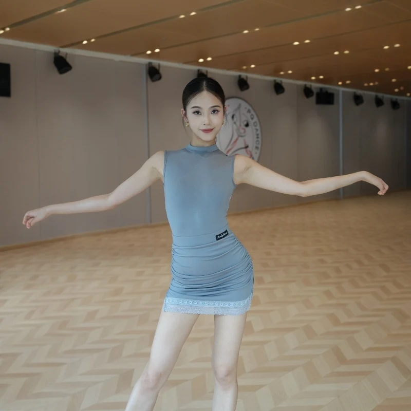 여름 라틴 댄스 복장 여성 새로운 블루 레이스 탑 스커트 연습 착용 민소매 룸바 의상 삼바 댄스 드레스 DNV24627