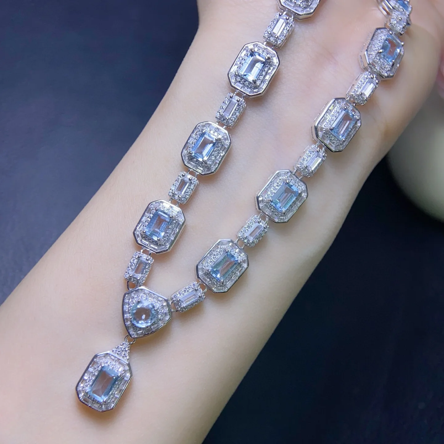 

Natural Aquamarine Necklace, Clean Crystals 4x6mm Main Stones S925 Silver Setting, Ocean Gemstone Jewelry Gift for Women