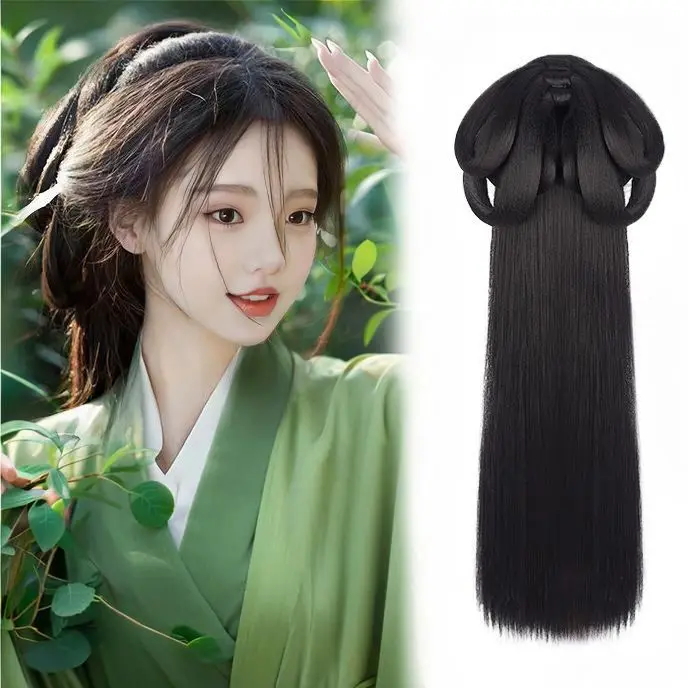 ชุดวิกผมจีนแบบดั้งเดิม - วิกผม Hanfu เต็มรูปแบบพร้อมบุญในตัวและที่คาดผมตกแต่งวิกผม Hanfu ที่สมบูรณ์แบบ