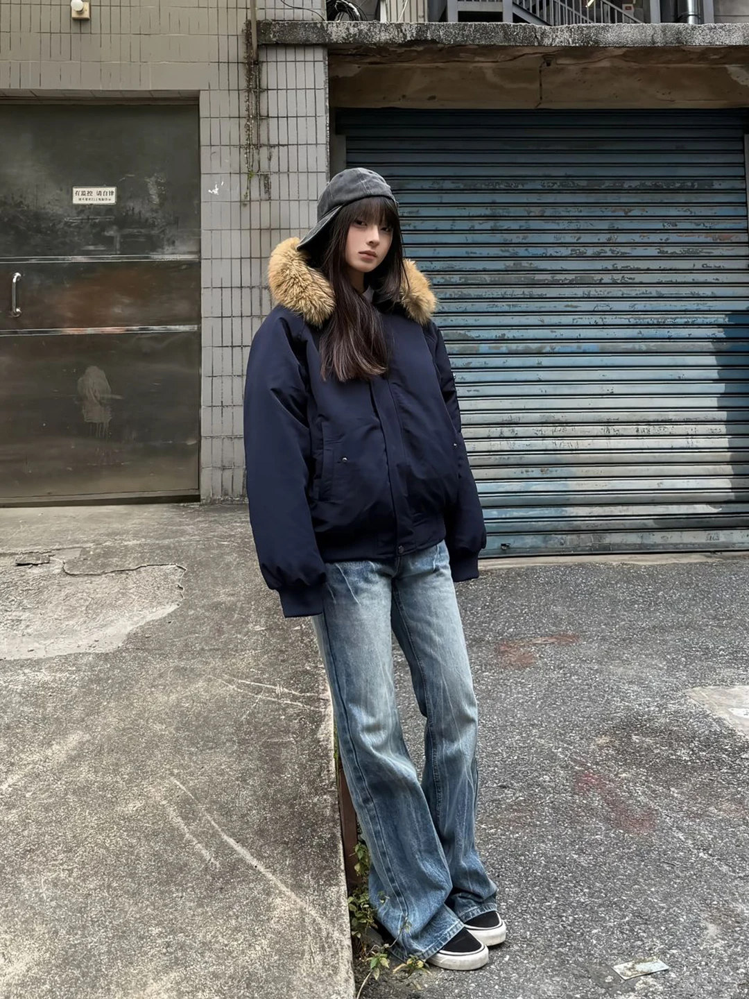 

Thiened Winter Cotton Jaet Men's MA Flight ort Coat Large Fur Collar Hooded Blue Outerwear Warm Casual Zipper Closure