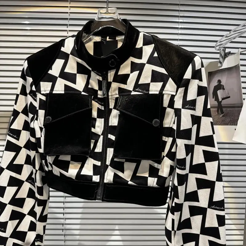 Moda Bla blanco a cuadros hombrera de cuero Jaet ort prendas de vestir exteriores cuello alto chica picante Sle viaje viento Regular Sve