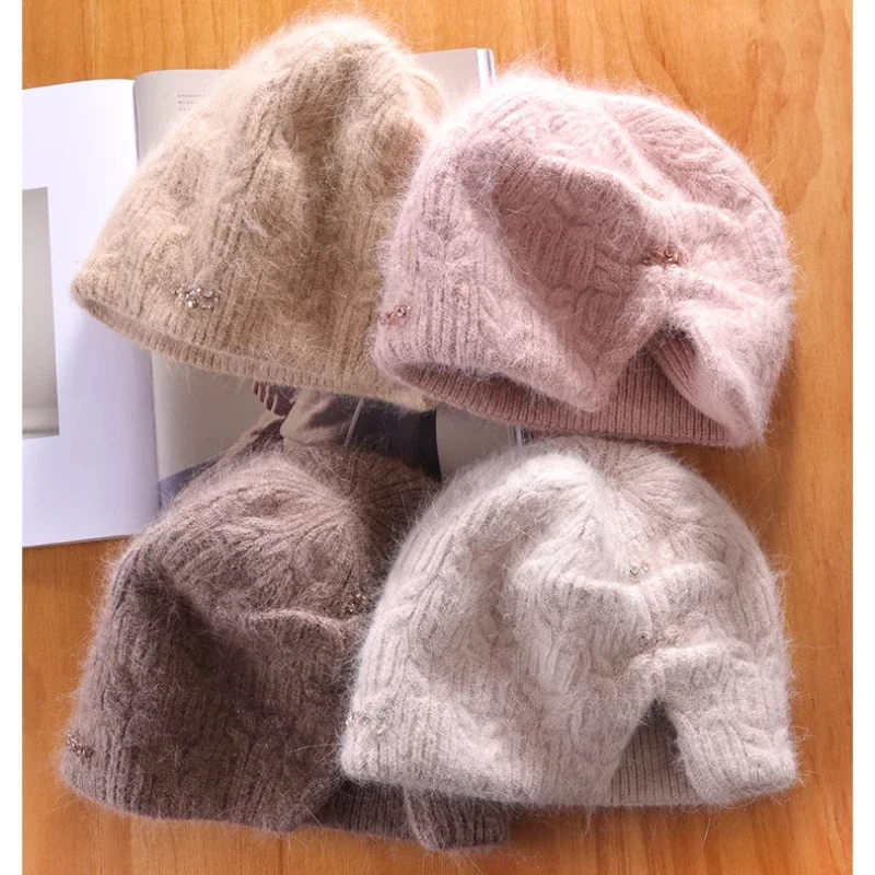 2024 Hand Weave Rhinestone  Wool Angola Slouchy Beanies Coarse Cashmere Knit Winter Hat for Women Mohair Fluffy Jacquard Beanies