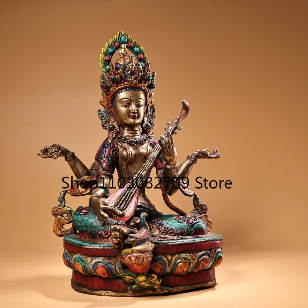 Tibetan brass gilt painted face inlaid with precious stones, beautiful voice, Tara goddess statue, home Buddhist hall supplies o